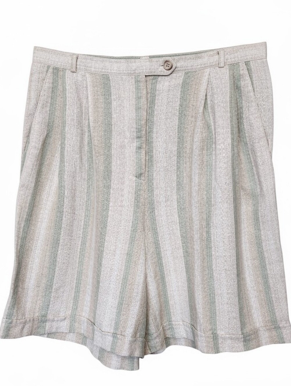 VINTAGE Striped Linen Shorts High Wood Pleated Green Neutral Size 14